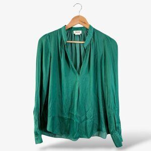 Zadig & Voltaire Tink Satin Blouse XS Emerald Green Split V-Neck Long Sleeve
